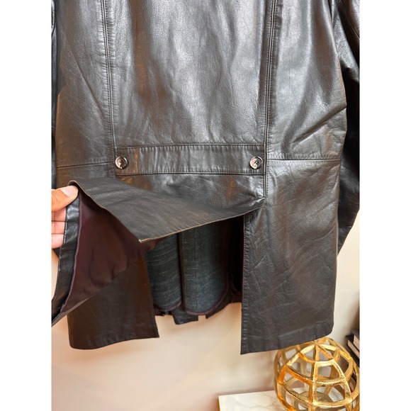 VTG Fantastic Intl. Mens Black Leather Coat Sz 46 LG Longline Zip Out Fur Lining - Picture 11 of 16